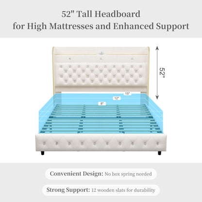 Queen LED Bed Frame with Galaxy Star Projector, 52" Upholstered Headboard with Hidden Storage & Charging Station, No Box Spring Needed, Velvet Cream