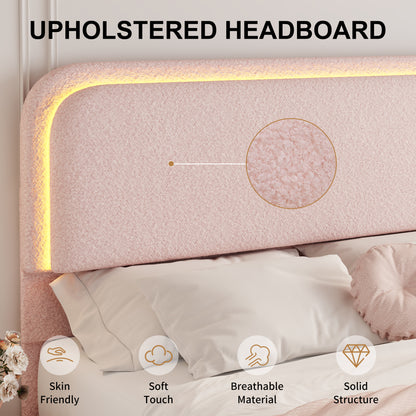 SIBEDS LED Bed Frame with Storage Drawers, King Teddy Fleece Rounded Corner Platform Bed, Upholstered Headboard, No Box Spring Needed, Easy Assembly, Cream & Pink