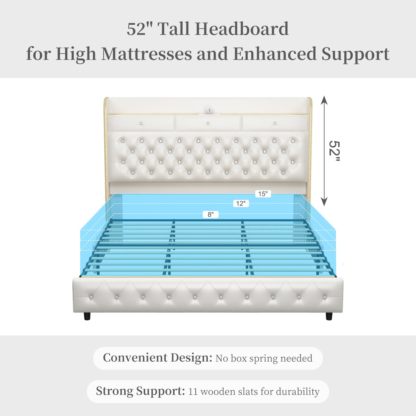 Queen LED Bed Frame with Galaxy Projector, Storage Headboard, Charging Station, Wingback Design, No Box Spring Needed, PU White