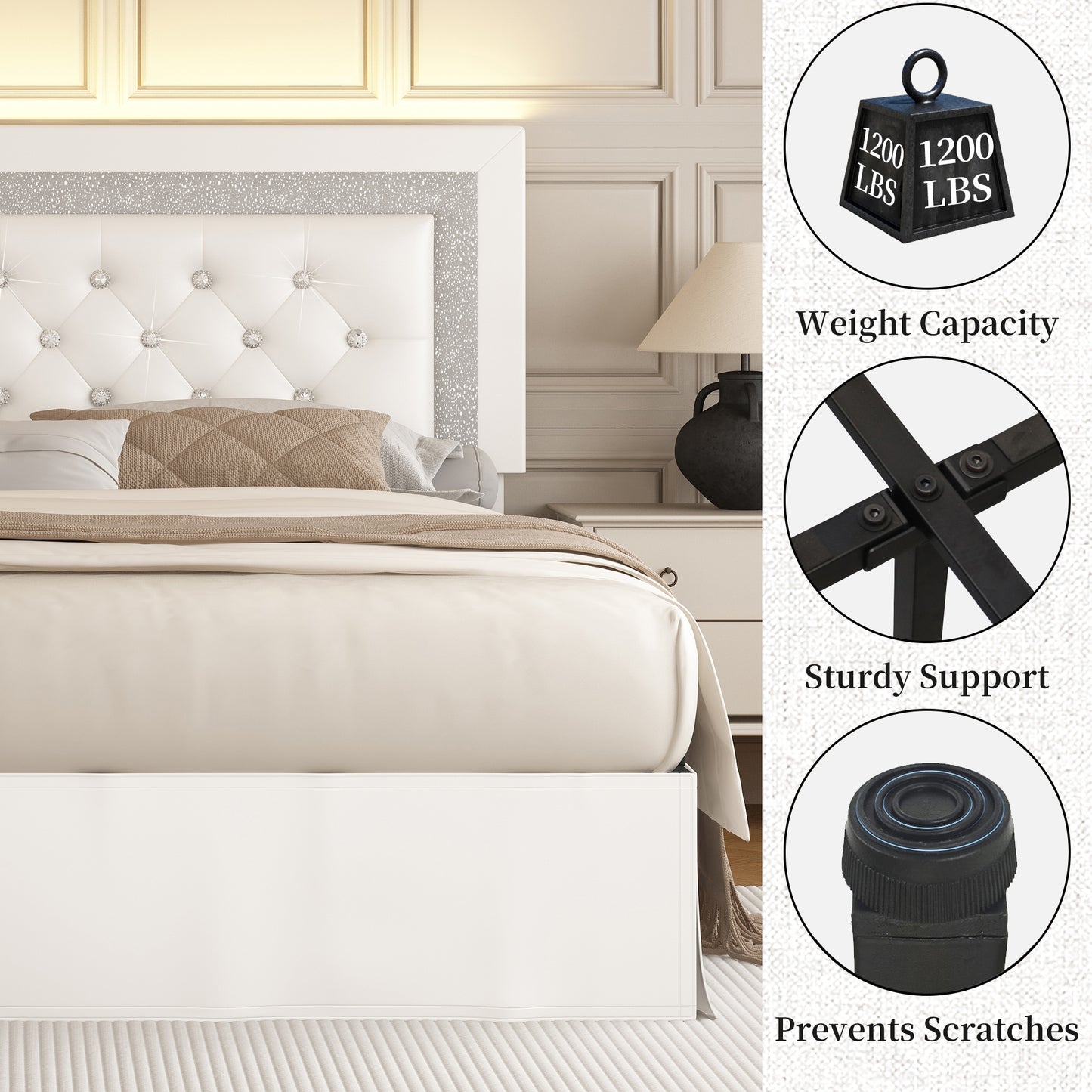 SIBEDS Queen LED Bed Frame with Adjustable Upholstered Headboard, Diamond Tufted Platform, No Box Spring Needed – Black / White / Gray