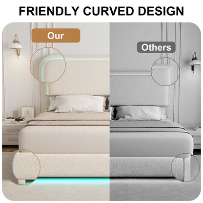 Queen LED Bed Frame with Storage Drawers, King Teddy Fleece Rounded Corner Platform Bed, Upholstered Headboard, No Box Spring Needed, Easy Assembly, Cream & Pink