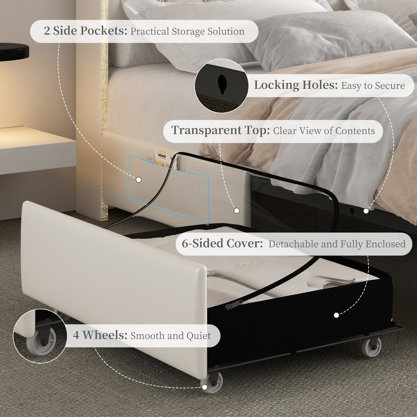 Queen LED Bed Frame with Galaxy Projector, Storage Headboard, Charging Station, Wingback Design, No Box Spring Needed, PU White