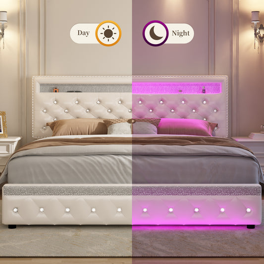 SIBEDS Bed Frame with RGB LED Lights, Adjustable Headboard, Storage Drawers, PU Leather & Velvet, No Box Spring Needed, Easy Assembly