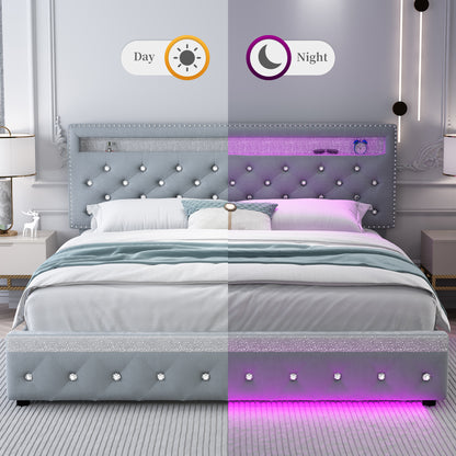 SIBEDS Bed Frame with RGB LED Lights, Adjustable Headboard, Storage Drawers, PU Leather,Grey & Velvet, No Box Spring Needed, Easy Assembly