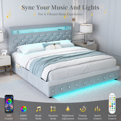 SIBEDS Bed Frame with RGB LED Lights, Adjustable Headboard, Storage Drawers, PU Leather & Velvet, No Box Spring Needed, Easy Assembly