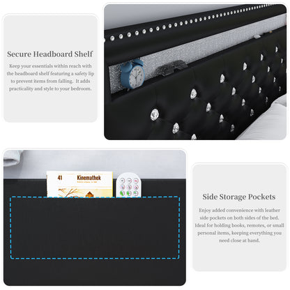 SIBEDS Bed Frame with RGB LED Lights, Adjustable Headboard, Storage Drawers, PU Leather & Velvet, No Box Spring Needed, Easy Assembly,PU Black
