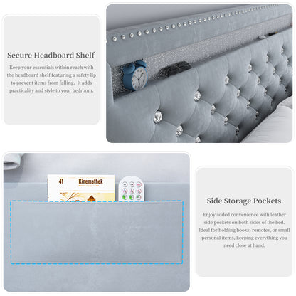 SIBEDS Bed Frame with RGB LED Lights, Adjustable Headboard, Storage Drawers, PU Leather,Grey & Velvet, No Box Spring Needed, Easy Assembly