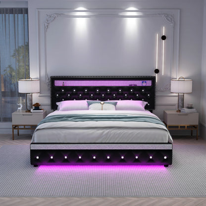 Queen Led Bed Frame with 2 Drawers, Heavy Duty Upholstered Platform Bed Frames Queen Size with Storage and Adjustable Crystal Button Tufted Headboard, No Box Spring Needed, Easy Assembly, PU Black