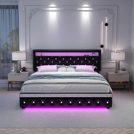 Queen Led Bed Frame with 2 Drawers, Heavy Duty Upholstered Platform Bed Frames Queen Size with Storage and Adjustable Crystal Button Tufted Headboard, No Box Spring Needed, Easy Assembly, PU Black