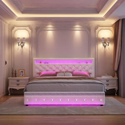 SIBEDS Bed Frame with RGB LED Lights, Adjustable Headboard, Storage Drawers, PU Leather & Velvet, No Box Spring Needed, Easy Assembly,QUEENWHITE