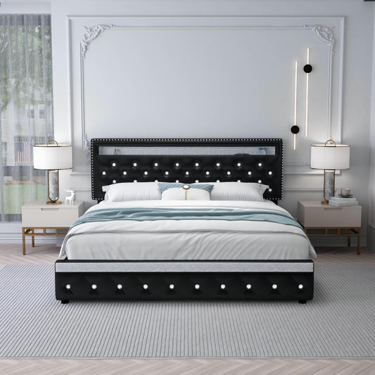 SIBEDS Bed Frame with RGB LED Lights, Adjustable Headboard, Storage Drawers, PU Leather & Velvet, No Box Spring Needed, Easy Assembly,PU Black