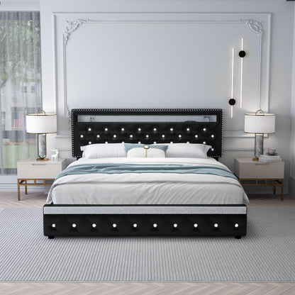 Queen Led Bed Frame with 2 Drawers, Heavy Duty Upholstered Platform Bed Frames Queen Size with Storage and Adjustable Crystal Button Tufted Headboard, No Box Spring Needed, Easy Assembly, PU Black