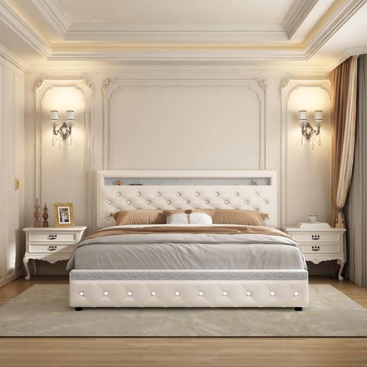 SIBEDS Bed Frame with RGB LED Lights, Adjustable Headboard, Storage Drawers, PU Leather & Velvet, No Box Spring Needed, Easy Assembly,QUEENWHITE