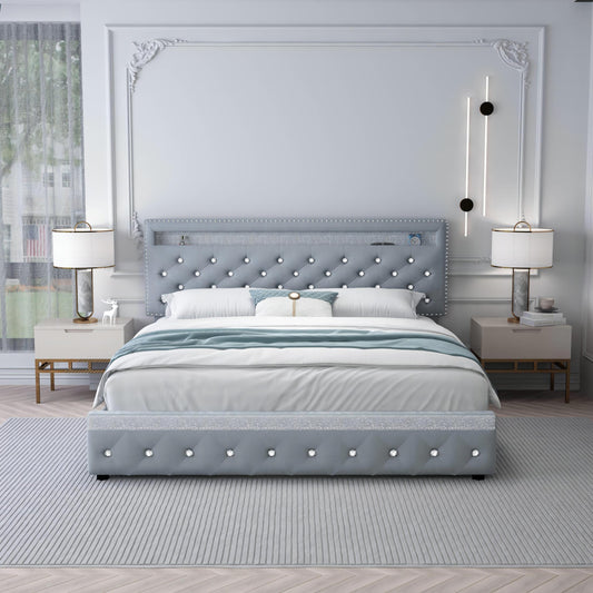 SIBEDS Bed Frame with RGB LED Lights, Adjustable Headboard, Storage Drawers, PU Leather,Grey & Velvet, No Box Spring Needed, Easy Assembly