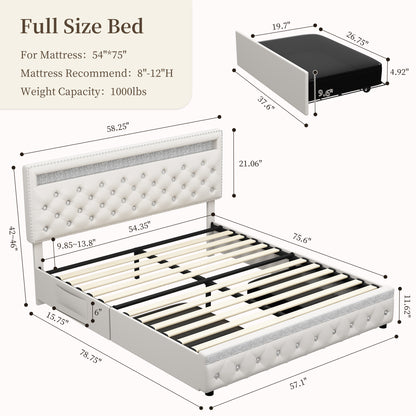 Full Led Bed Frame with 2 Drawers, Upholstered Bed Frames Full Size with 2 Storage Pockets, Platform Bed with Adjustable Height Crystal Button Tufted Headboard, No Box Spring Needed, PU White