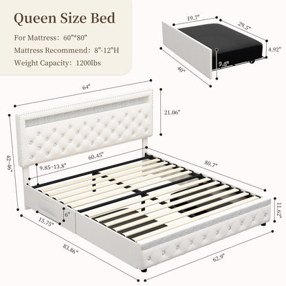 SIBEDS Queen Size Bed Frame with RGB LED Lights, Adjustable Headboard, Storage Drawers, PU Leather & Velvet, No Box Spring Needed, Easy Assembly