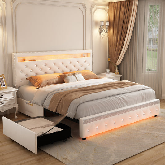 SIBEDS Queen Size Bed Frame with RGB LED Lights, Adjustable Headboard, Storage Drawers, PU Leather & Velvet, No Box Spring Needed, Easy Assembly