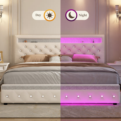 SIBEDS Queen Size Bed Frame with RGB LED Lights, Adjustable Headboard, Storage Drawers, PU Leather & Velvet, No Box Spring Needed, Easy Assembly