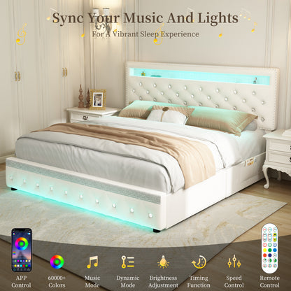 SIBEDS Queen Size Bed Frame with RGB LED Lights, Adjustable Headboard, Storage Drawers, PU Leather & Velvet, No Box Spring Needed, Easy Assembly