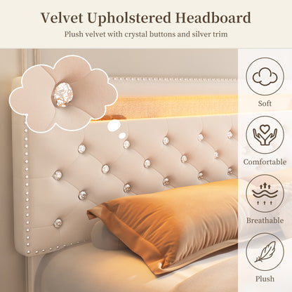 SIBEDS Queen Size Bed Frame with RGB LED Lights, Adjustable Headboard, Storage Drawers, PU Leather & Velvet, No Box Spring Needed, Easy Assembly