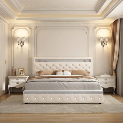 SIBEDS Queen Size Bed Frame with RGB LED Lights, Adjustable Headboard, Storage Drawers, PU Leather & Velvet, No Box Spring Needed, Easy Assembly