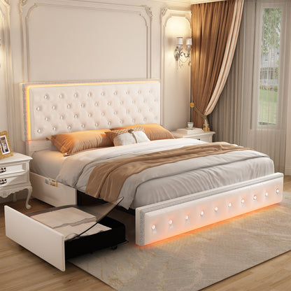 Queen Led Bed Frame with 2 Drawers, Modern Storage Platform Queen Size Upholstered Bed with Crystal Button Tufted Headboard, Solid Slats Support, Noise Free, No Box Spring Needed, PU White