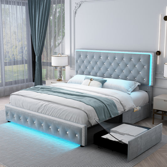 SIBEDS Luxury KING Platform Bed in Grey Velvet with 2 Storage Drawers, 2 Side Pockets, and Crystal Button Tufted Headboard