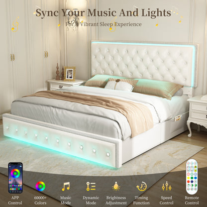 Queen Led Bed Frame with 2 Drawers, Modern Storage Platform Queen Size Upholstered Bed with Crystal Button Tufted Headboard, Solid Slats Support, Noise Free, No Box Spring Needed, PU White