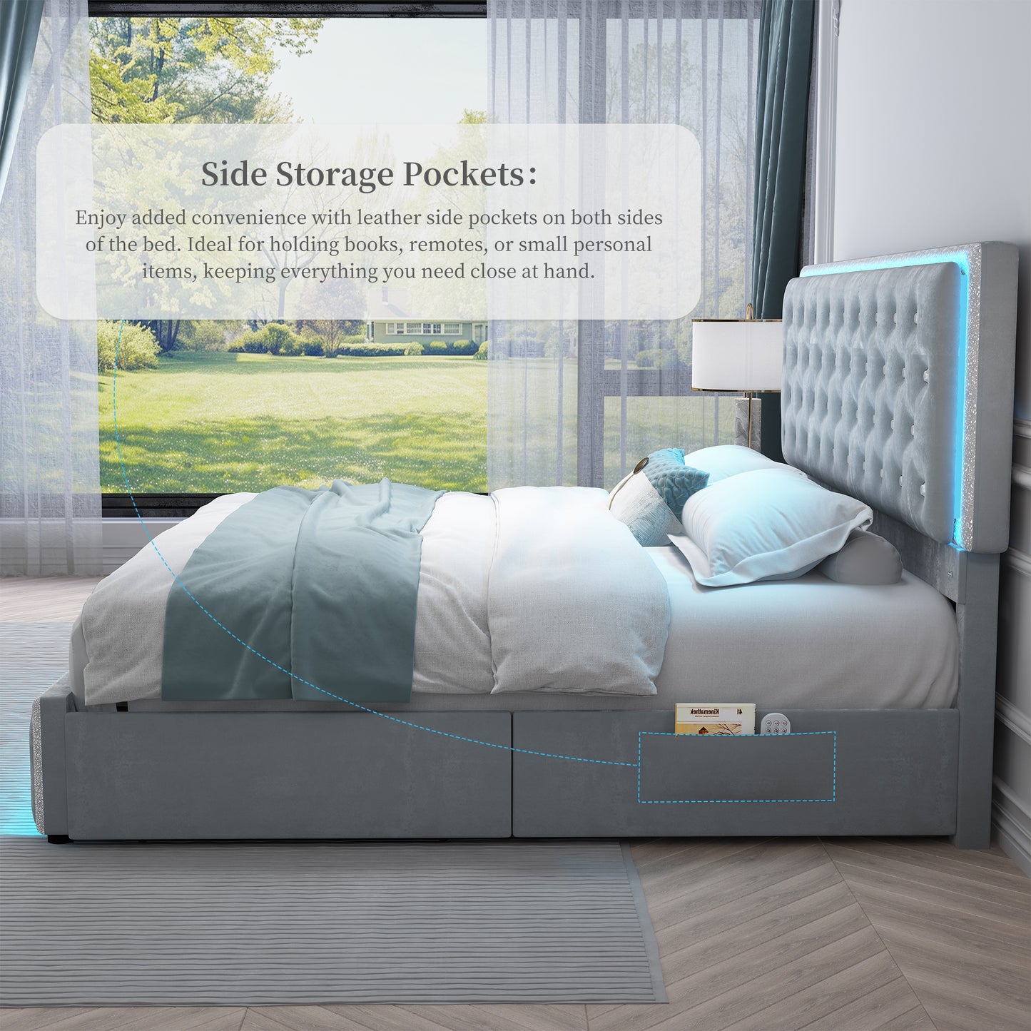 SIBEDS Luxury Platform Bed with 2 Storage Drawers, 2 Side Pockets, and Crystal Button Tufted Headboard Queen Grey