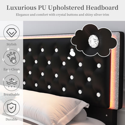 Queen LED Bed Frame with 2 Drawers, Storage Platform Beds with Upholstered Crystal Button Tufted Headboard Footboard, 2 Side Pockets, No Box Spring Needed, PU Black