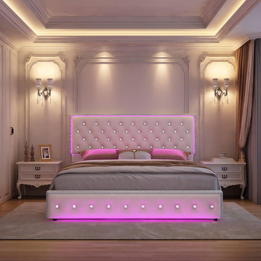 SIBEDS Luxury Platform Bed with 2 Storage Drawers, 2 Side Pockets, and Crystal Button Tufted Headboard