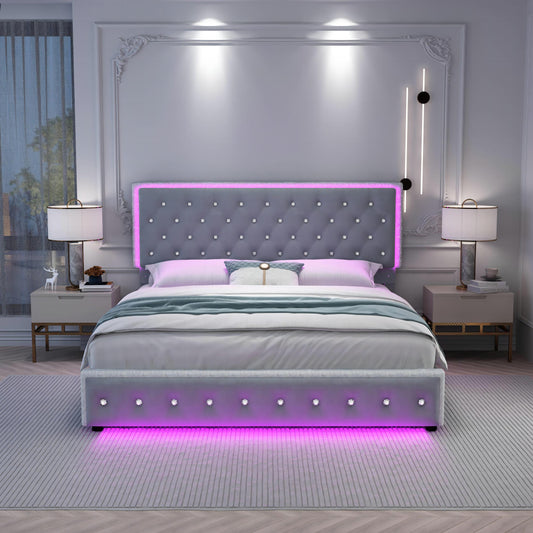 SIBEDS Luxury Platform Bed with 2 Storage Drawers, 2 Side Pockets, and Crystal Button Tufted Headboard Queen Grey