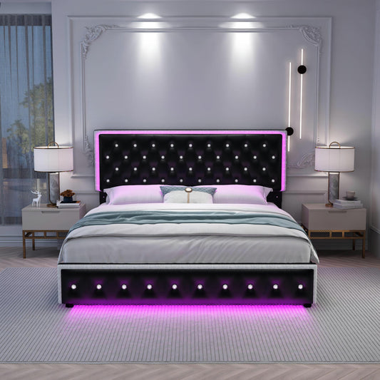 SIBEDS Luxury Platform Bed with 2 Storage Drawers, 2 Side Pockets, and Crystal Button Tufted Headboard