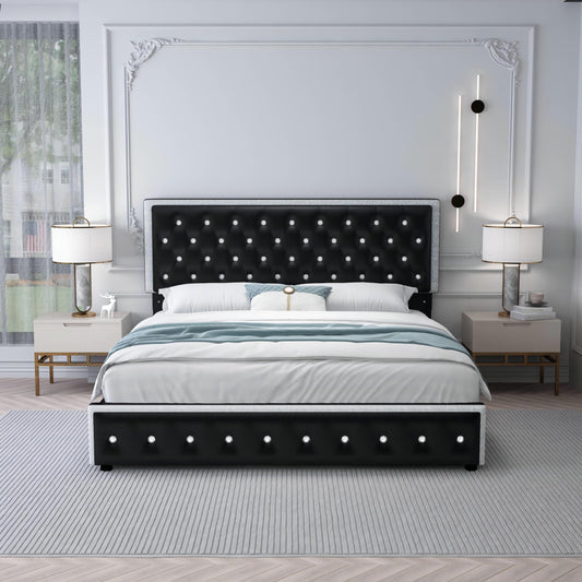 SIBEDS Luxury Platform Bed with 2 Storage Drawers, 2 Side Pockets, and Crystal Button Tufted Headboard,Queen,Black