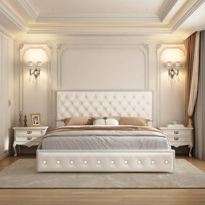 Queen Led Bed Frame with 2 Drawers, Modern Storage Platform Queen Size Upholstered Bed with Crystal Button Tufted Headboard, Solid Slats Support, Noise Free, No Box Spring Needed, PU White