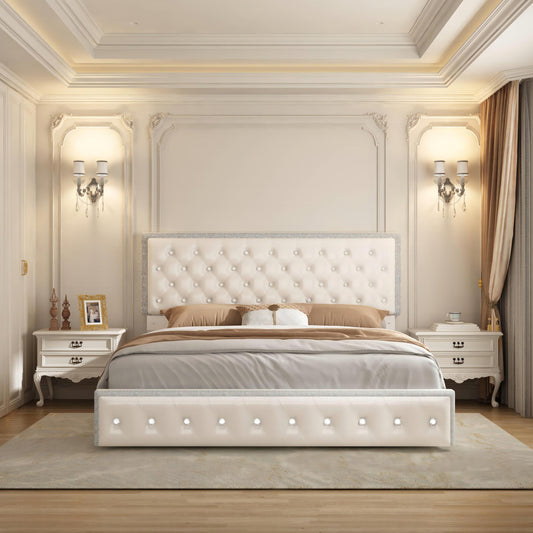 Queen Led Bed Frame with 2 Drawers, Modern Storage Platform Queen Size Upholstered Bed with Crystal Button Tufted Headboard, Solid Slats Support, Noise Free, No Box Spring Needed, PU White