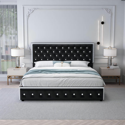 Queen LED Bed Frame with 2 Drawers, Storage Platform Beds with Upholstered Crystal Button Tufted Headboard Footboard, 2 Side Pockets, No Box Spring Needed, PU Black