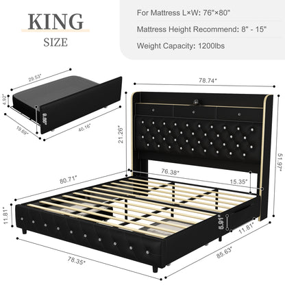 SIBEDS KING LED Bed Frame in Black with Galaxy Projector, Storage Headboard, Charging Station, Wingback Design, No Box Spring Needed