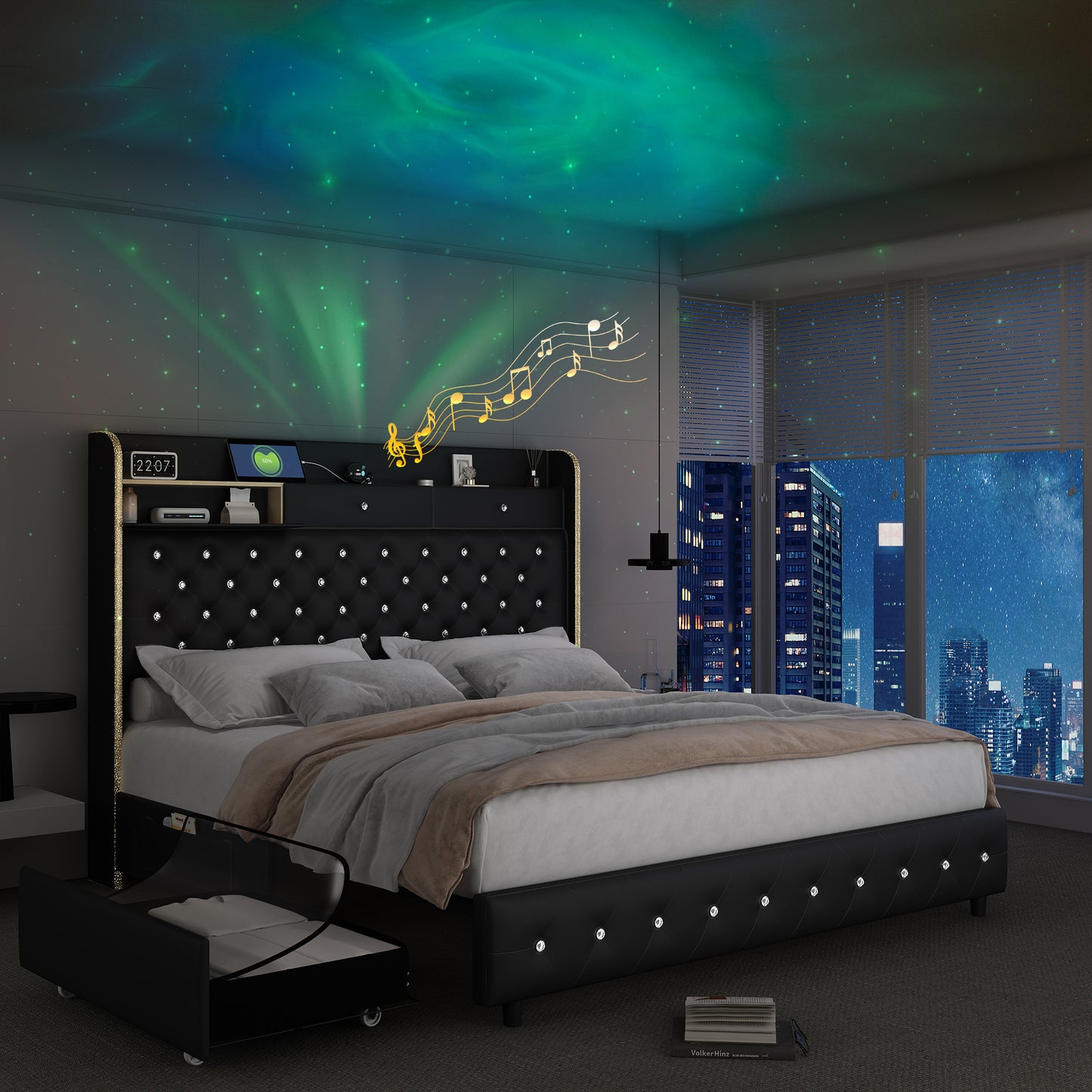 SIBEDS  LED Bed Frame with Galaxy Projector, Storage Headboard, Charging Station, Wingback Design, No Box Spring Needed,