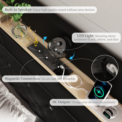 SIBEDS KING LED Bed Frame in Black with Galaxy Projector, Storage Headboard, Charging Station, Wingback Design, No Box Spring Needed
