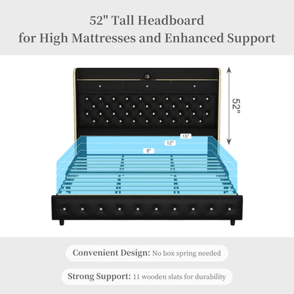 SIBEDS KING LED Bed Frame in Black with Galaxy Projector, Storage Headboard, Charging Station, Wingback Design, No Box Spring Needed