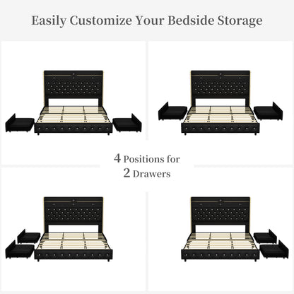 SIBEDS  LED Bed Frame with Galaxy Projector, Storage Headboard, Charging Station, Wingback Design, No Box Spring Needed,