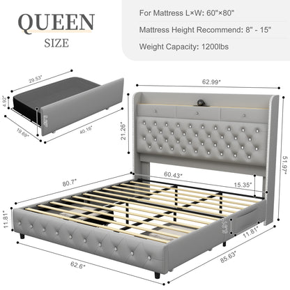 Queen Led Bed Frame with Galaxy Aurora Star Projector, Queen Platform Bed with Charging Station, 52" Upholstered Hidden Storage Headboard with Wingback, Noise Free, No Box Spring Needed, Velvet Gray