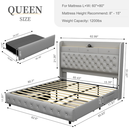 Queen Led Bed Frame with Galaxy Aurora Star Projector, Queen Platform Bed with Charging Station, 52" Upholstered Hidden Storage Headboard with Wingback, Noise Free, No Box Spring Needed, Velvet Gray