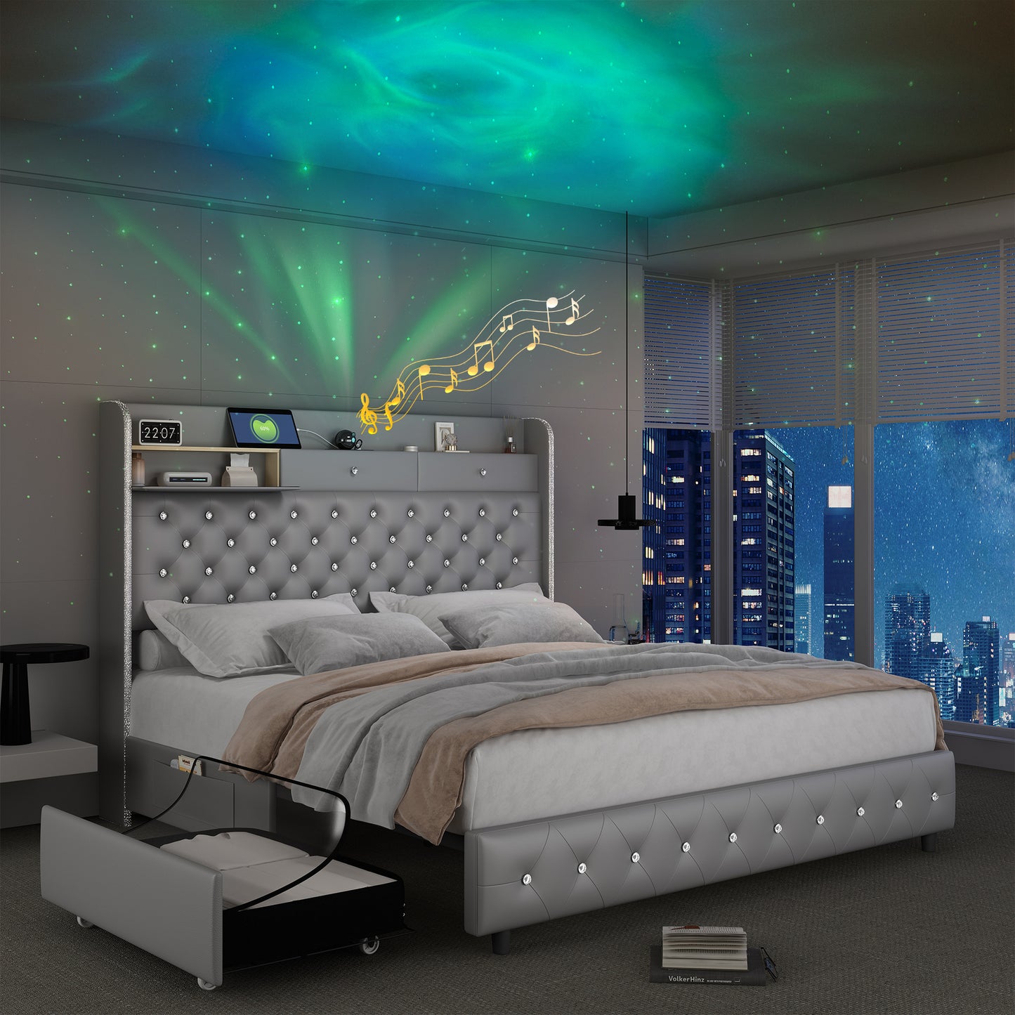 SIBEDS  LED Bed Frame with Galaxy Projector, Storage Headboard, Charging Station, Wingback Design, No Box Spring Needed,