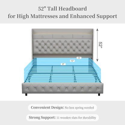 Queen Led Bed Frame with Galaxy Aurora Star Projector, Queen Platform Bed with Charging Station, 52" Upholstered Hidden Storage Headboard with Wingback, Noise Free, No Box Spring Needed, Velvet Gray