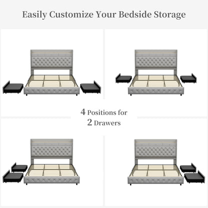 Queen Led Bed Frame with Galaxy Aurora Star Projector, Queen Platform Bed with Charging Station, 52" Upholstered Hidden Storage Headboard with Wingback, Noise Free, No Box Spring Needed, Velvet Gray