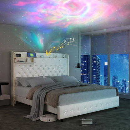 SIBEDS LED Bed Frame with Galaxy Star Projector, 52" Upholstered Headboard with Hidden Storage & Charging Station, No Box Spring Needed, Velvet Grey