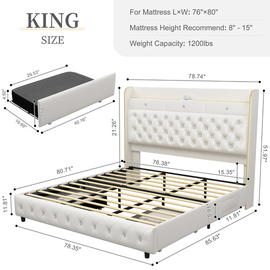 SIBEDS  LED Bed Frame with Galaxy Projector, Storage Headboard, Charging Station, Wingback Design, No Box Spring Needed,