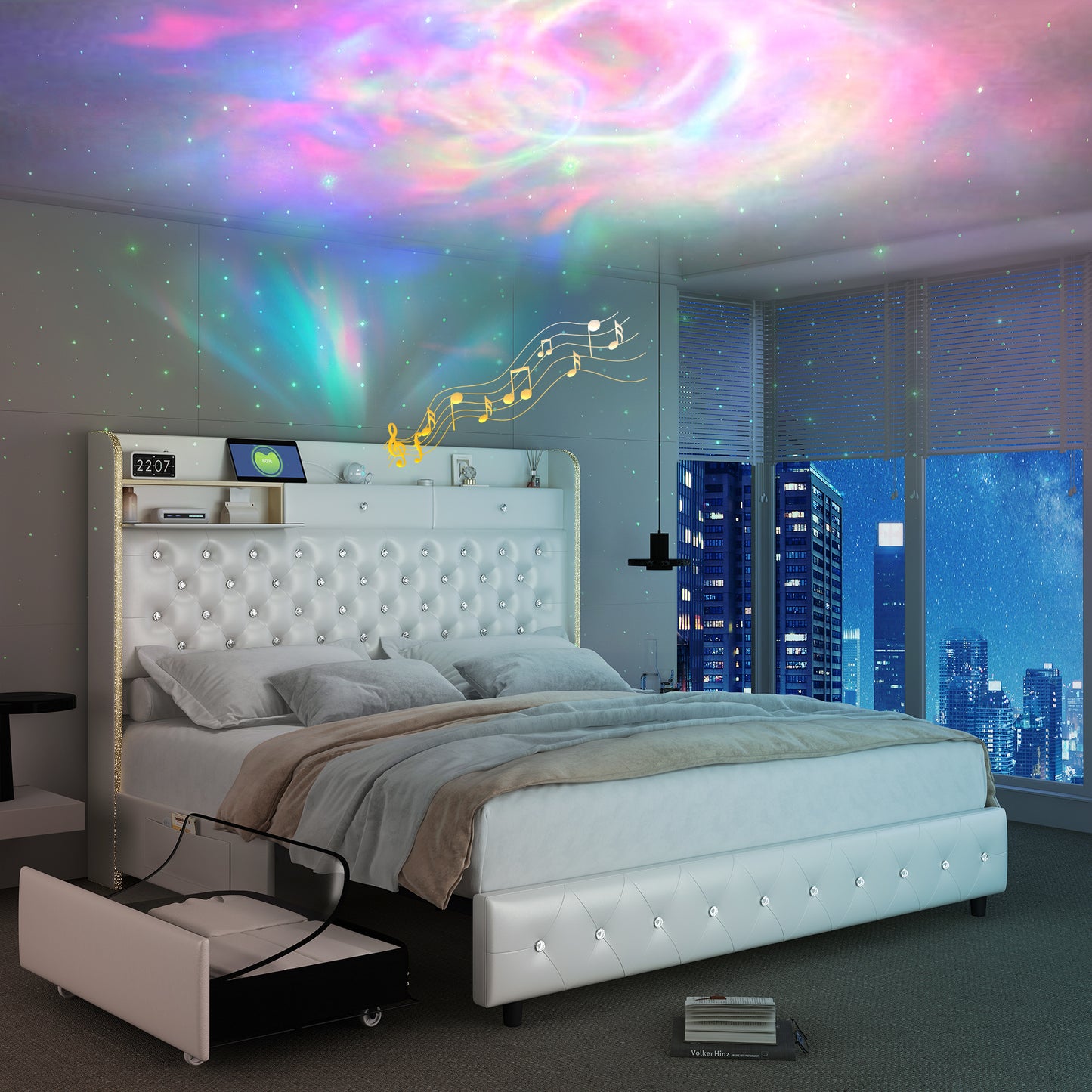 SIBEDS  LED Bed Frame with Galaxy Projector, Storage Headboard, Charging Station, Wingback Design, No Box Spring Needed,
